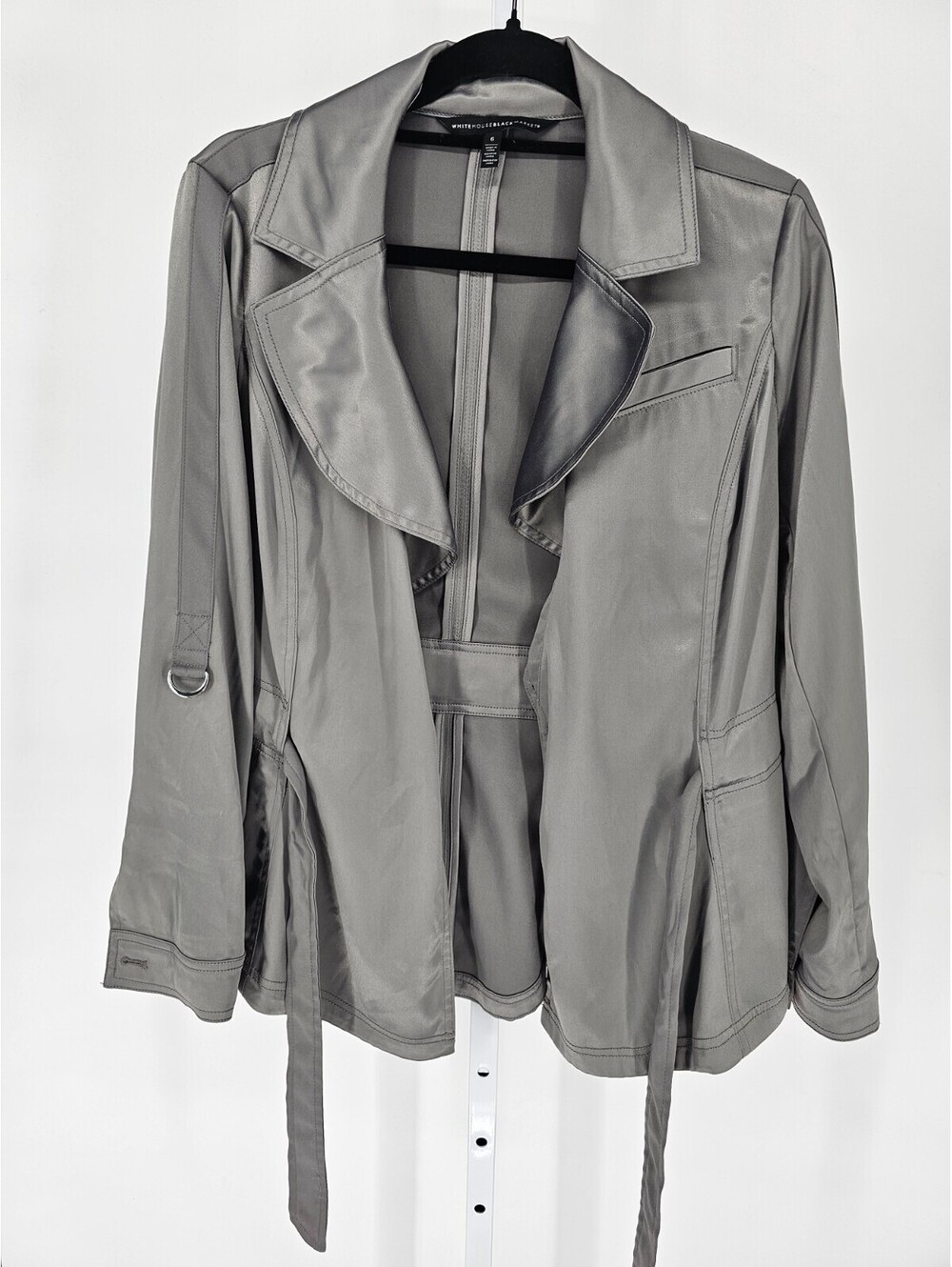 White House Black Market Womens Sz 6 Belted Satin Coat Silver Gray Blazer